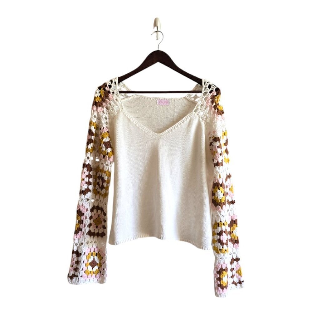 Pink Lily Crochet Sleeve V-Neck Sweater Sz M